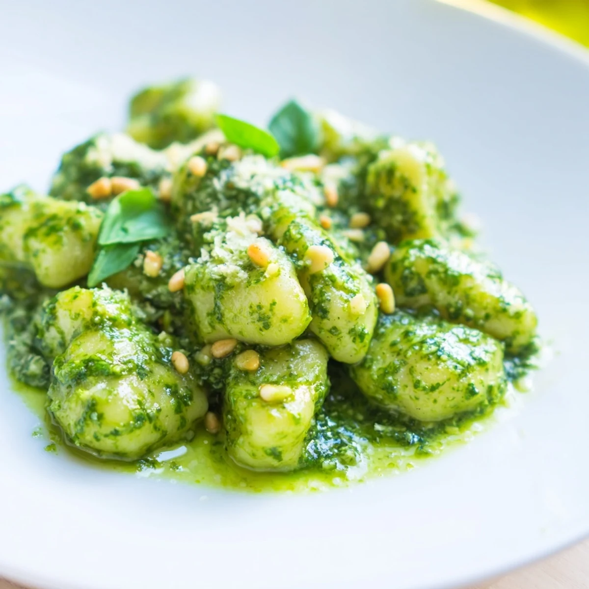 Tender easy pesto gnocchi plated with fresh basil leaves and extra cheese topping