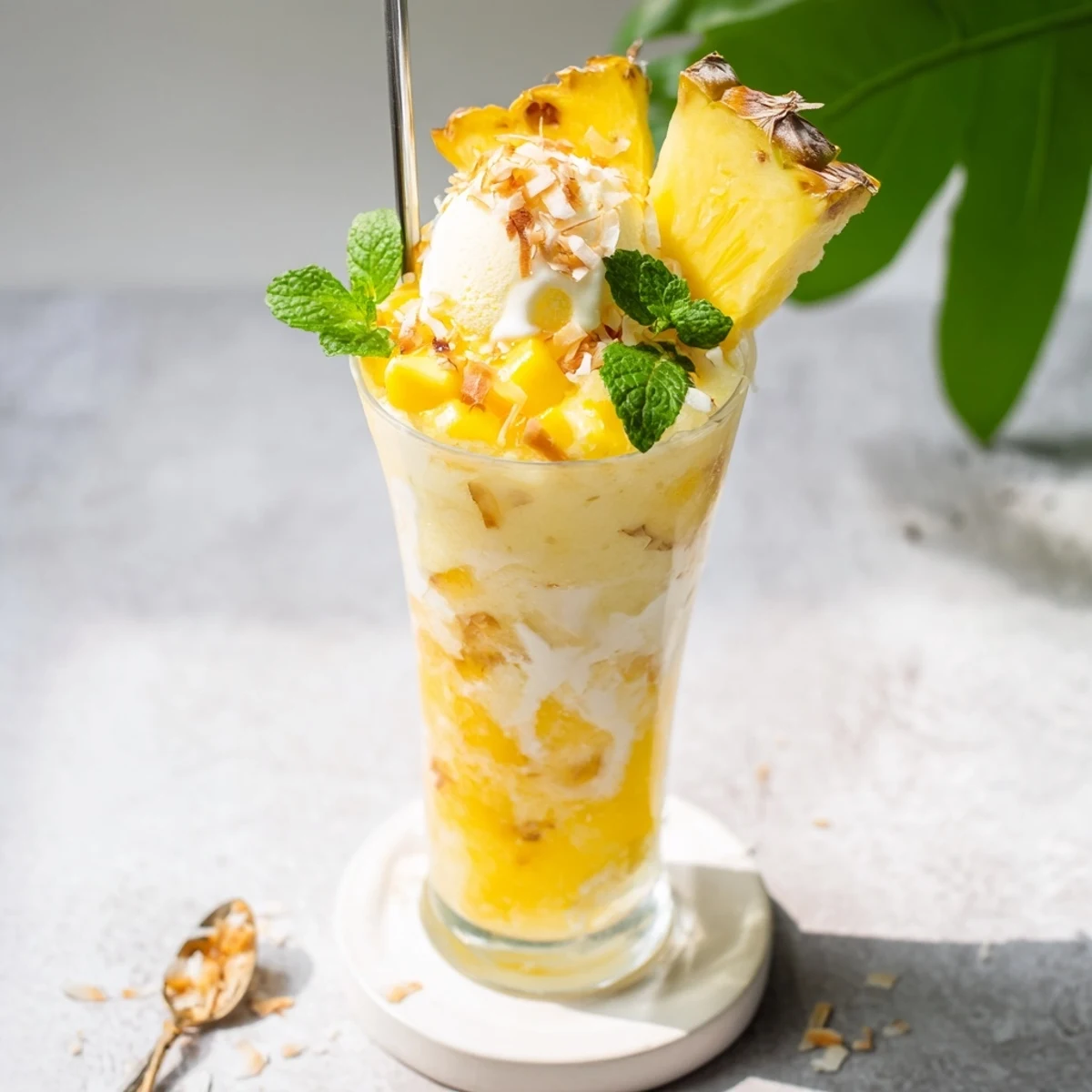 Tropical Paradise Rebel Float featuring creamy coconut blended with vibrant pineapple and mango topped with vegan vanilla ice cream
