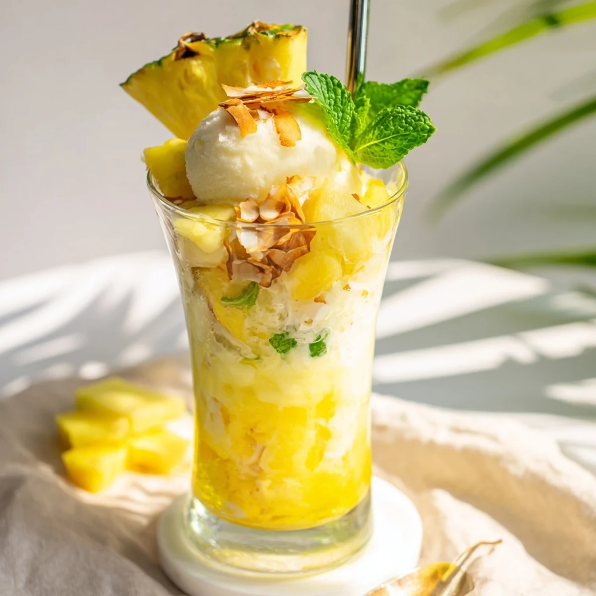Vegan Tropical Paradise Rebel Float served in tall glasses with fizzy soda fresh mint garnish and toasted coconut flakes