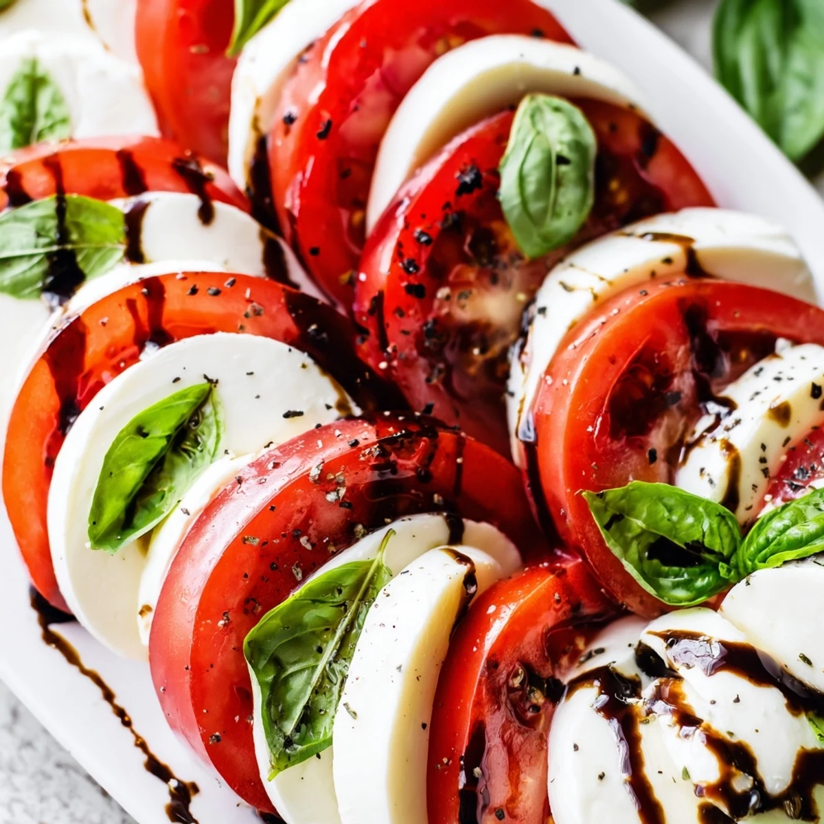 Holiday Caprese salad displayed in candy cane pattern with fresh basil and balsamic glaze drizzle