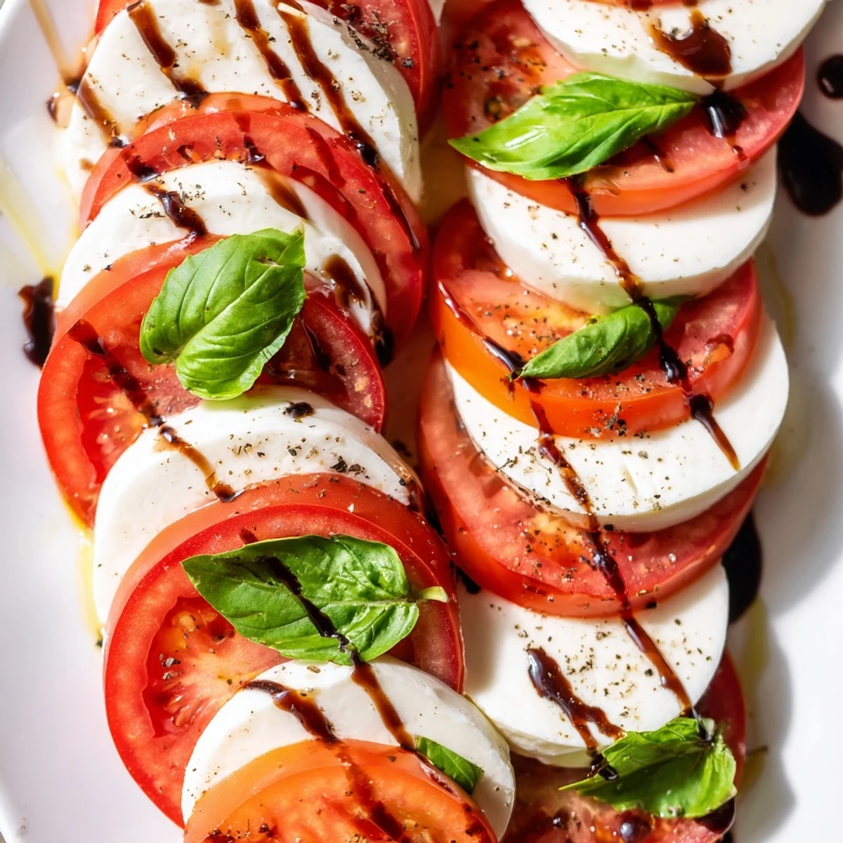 Colorful Christmas candy cane Caprese salad featuring layered mozzarella and tomatoes on serving platter