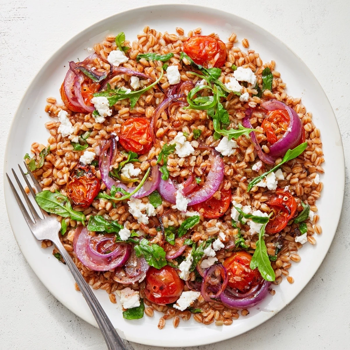Hearty Mediterranean farro salad featuring caramelized slow-roasted tomatoes topped with crumbled feta