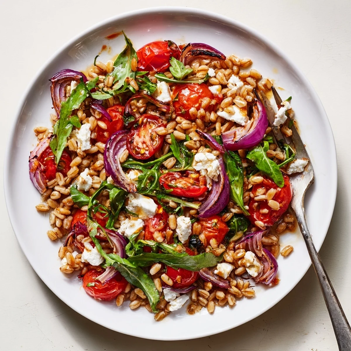 Colorful slow roasted tomato farro salad bowl with feta, fresh herbs, and arugula