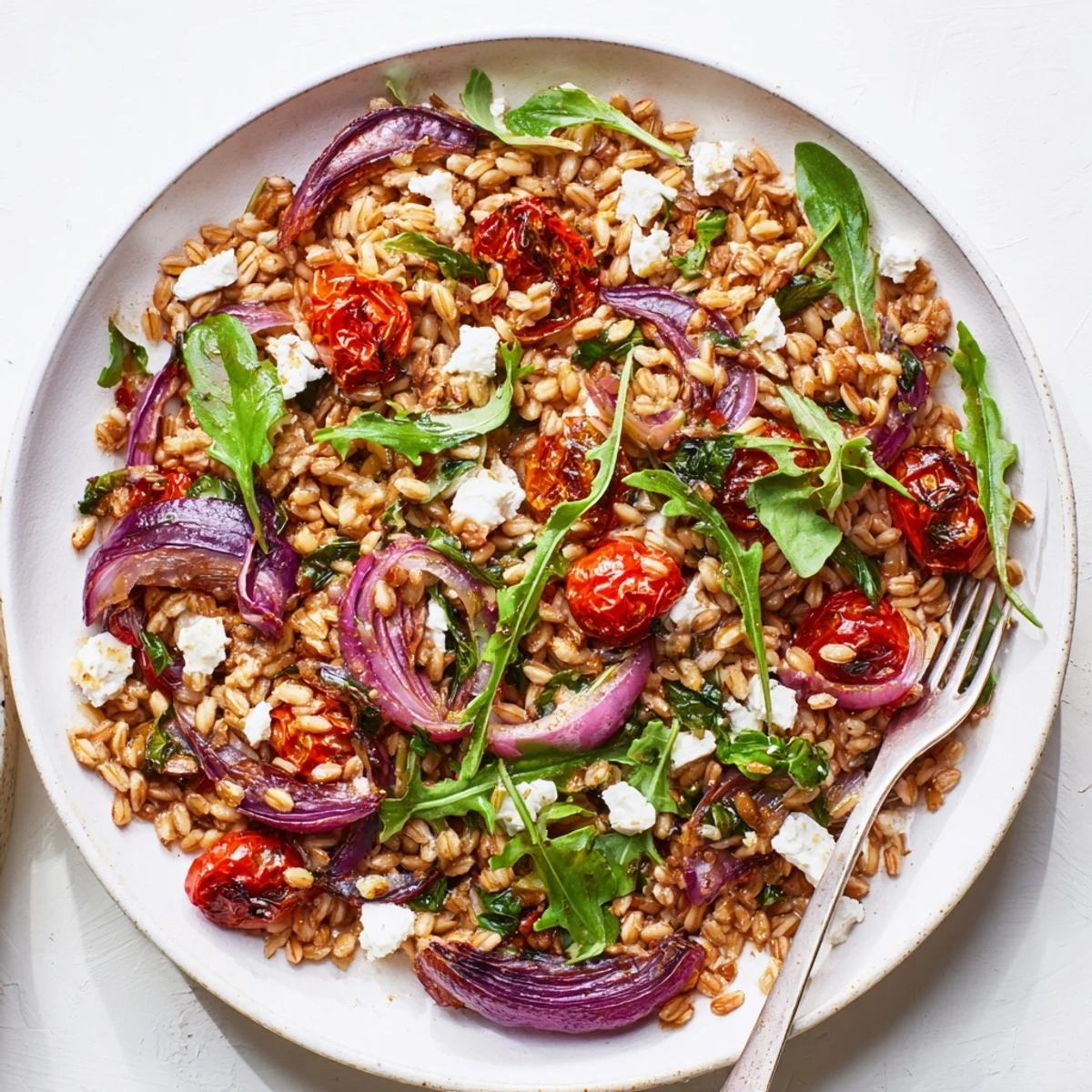 Vibrant tomato farro salad with slow-roasted cherry tomatoes, fresh basil, and tangy feta cheese