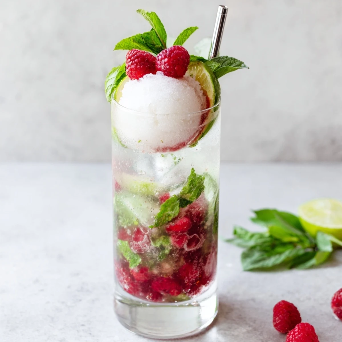 Tall glass of raspberry mint mojito rebel float mocktop topped with melting vanilla ice cream and fresh mint sprig