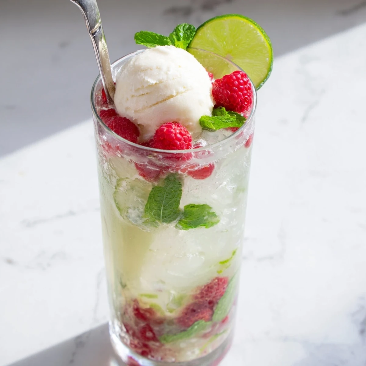 Refreshing alcohol-free raspberry mint mojito rebel float mocktail with crushed berries, lime wedges, and creamy vanilla ice cream scoop