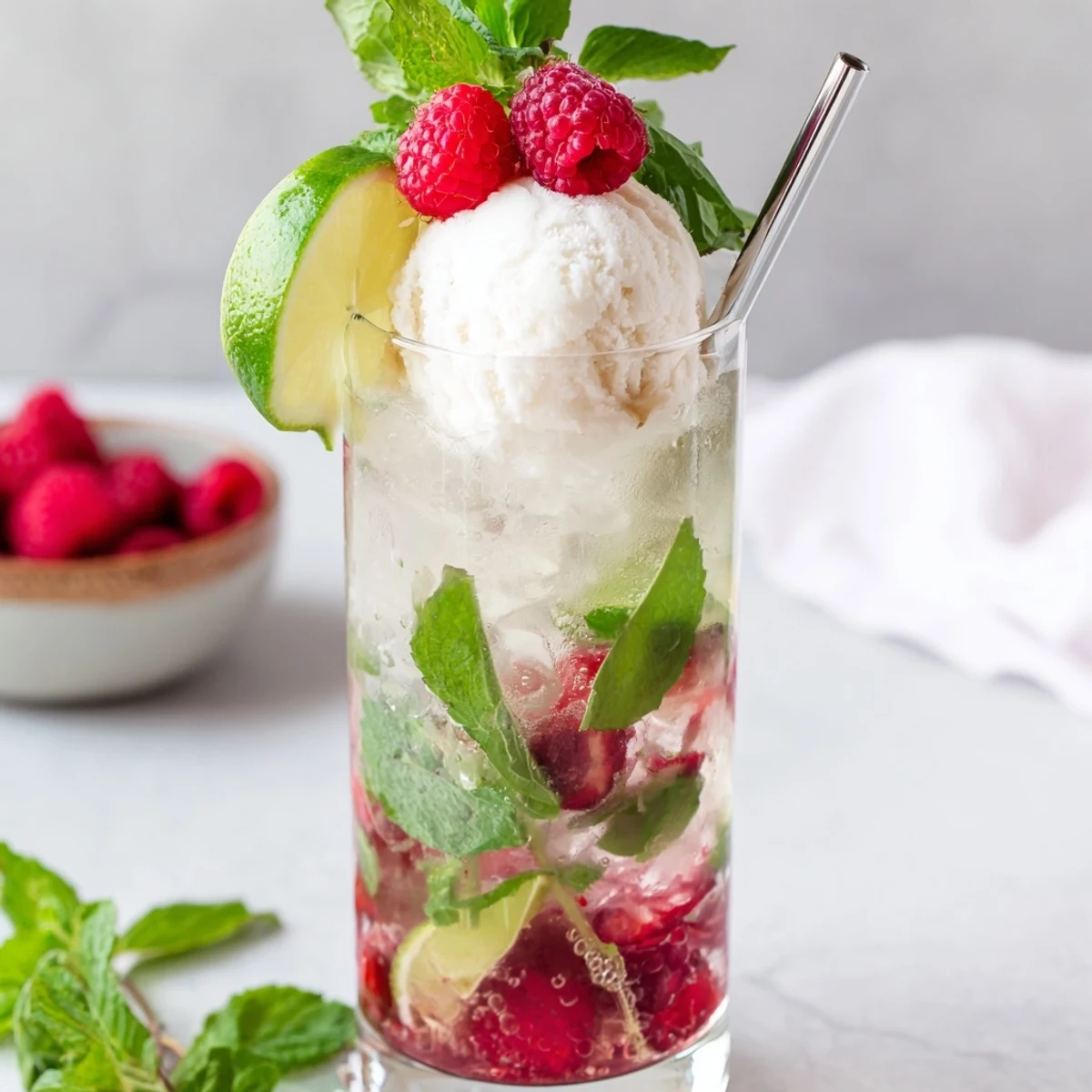 Vibrant raspberry mint mojito rebel float mocktail in clear glass showing bubbly soda, red berries, green mint, and white ice cream