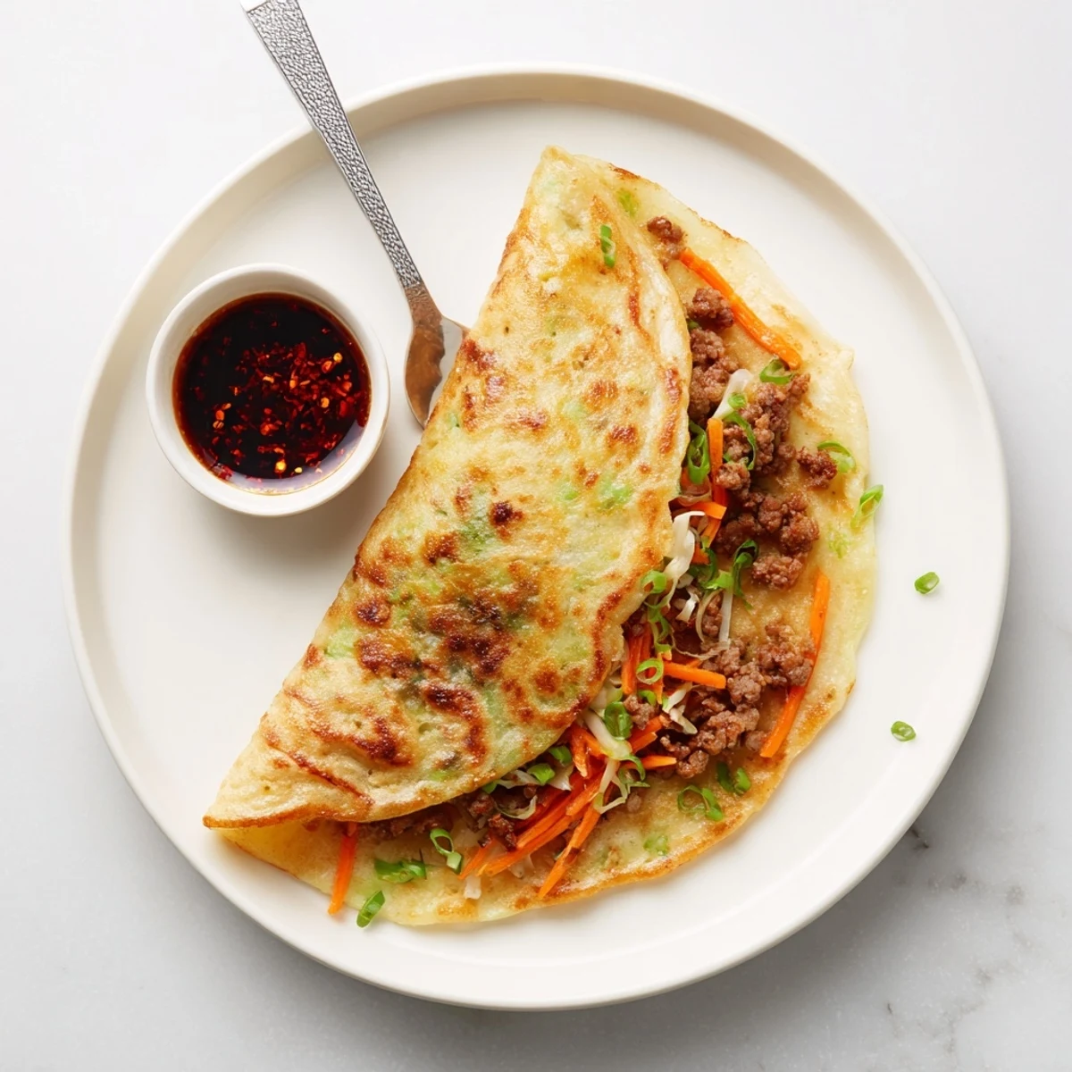 Golden Chinese style savoury stuffed breakfast pancakes filled with fluffy eggs and seasoned meat