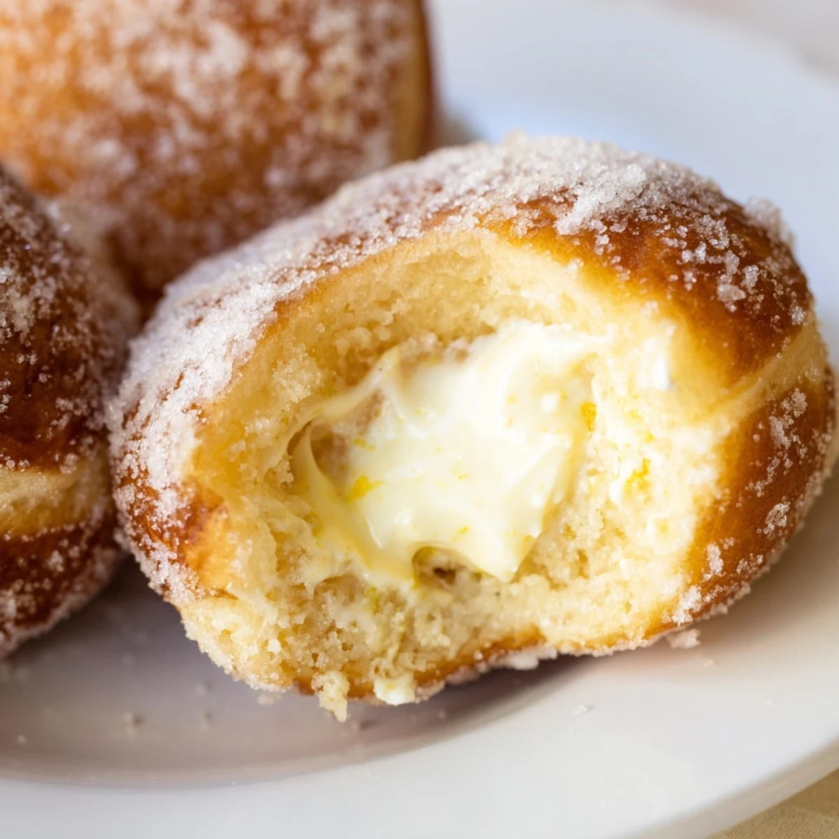 Golden Italian bomboloni alla crema dusted with sugar on a white plate