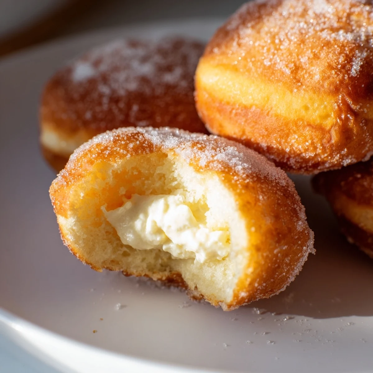 Light sugar-coated bomboloni alla crema stacked for breakfast or dessert