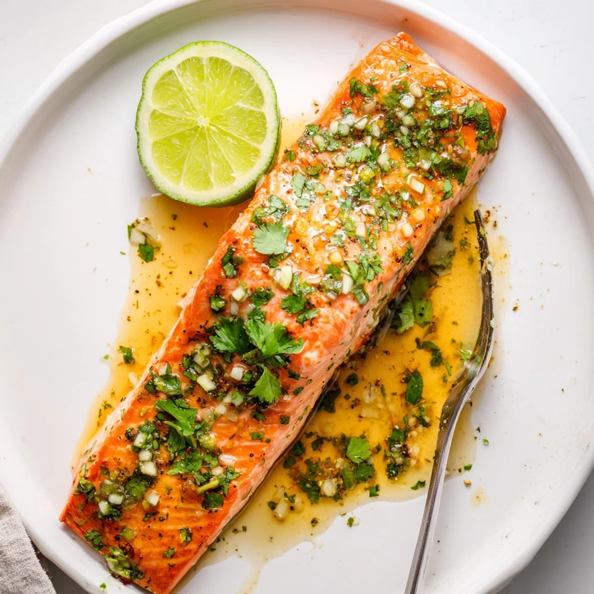 Flaky oven-roasted honey lime garlic butter salmon drizzled with pan juices and fresh herbs
