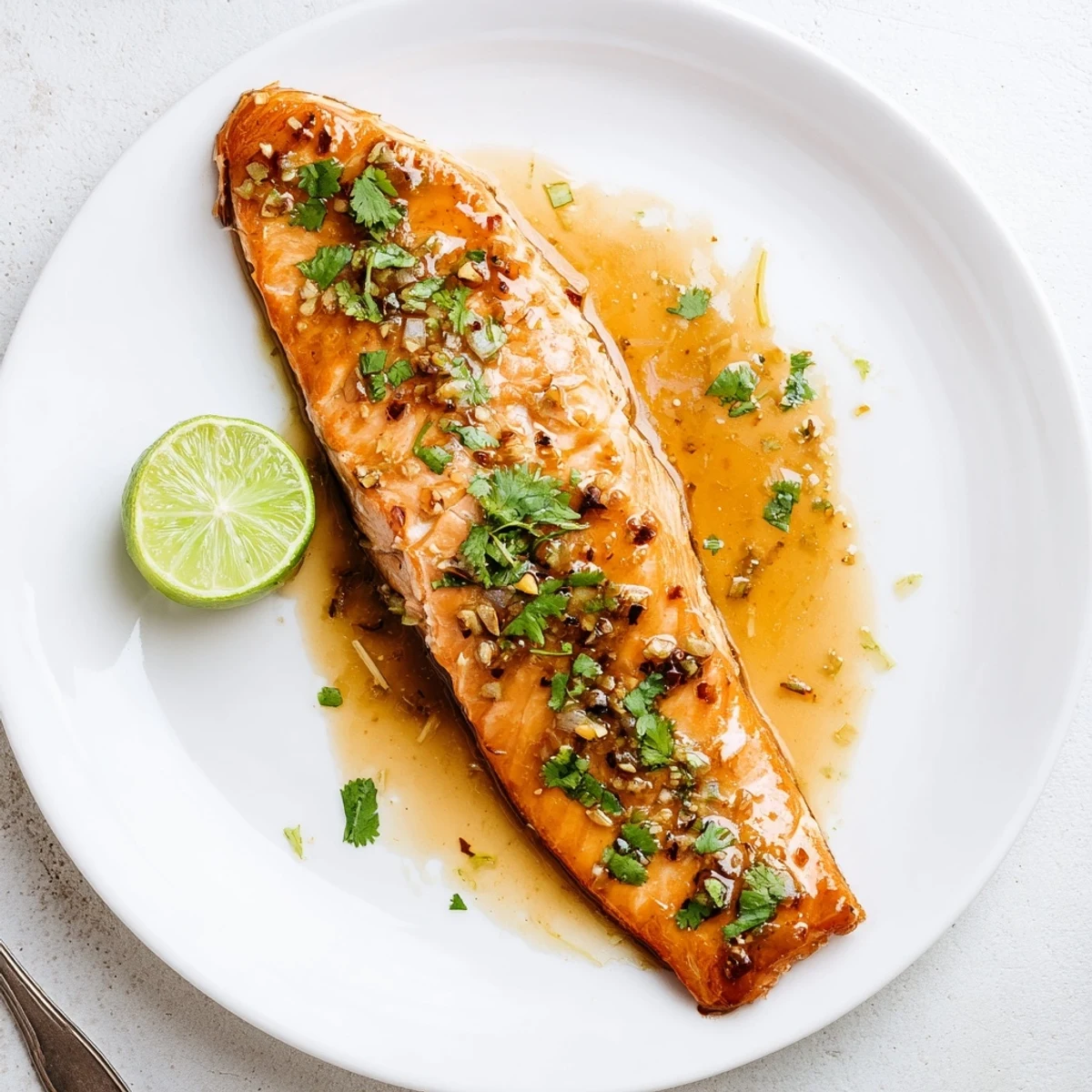Weeknight dinner featuring honey lime garlic butter baked salmon served with lime wedges and parsley