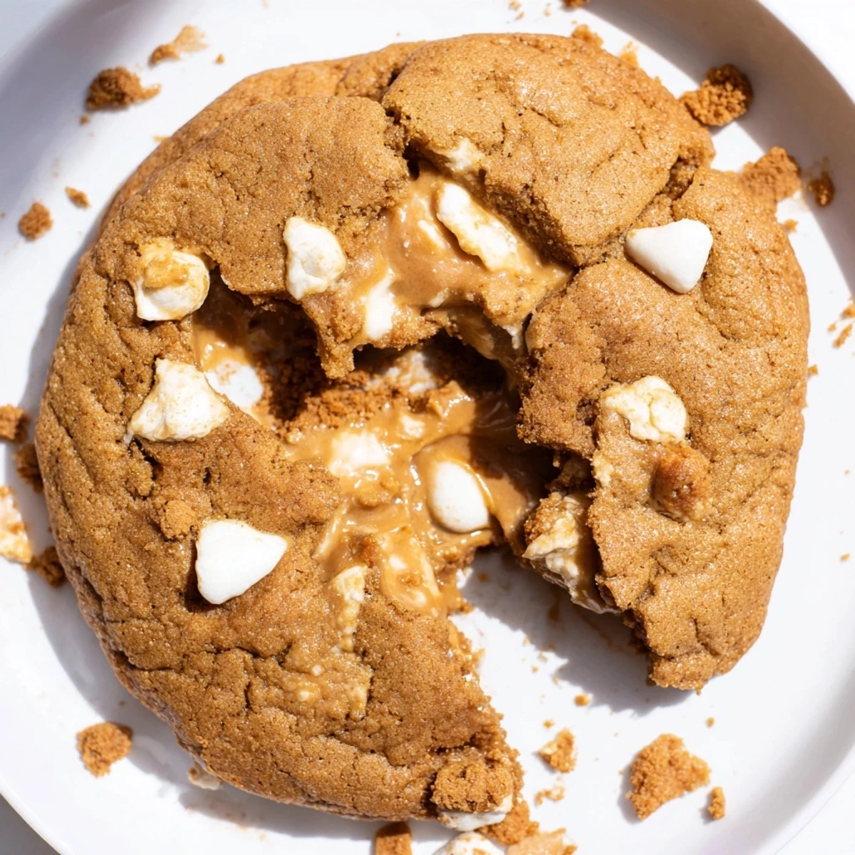 Freshly baked Stuffed Biscoff Butter Lava Cookies with warm gooey centers oozing onto the plate