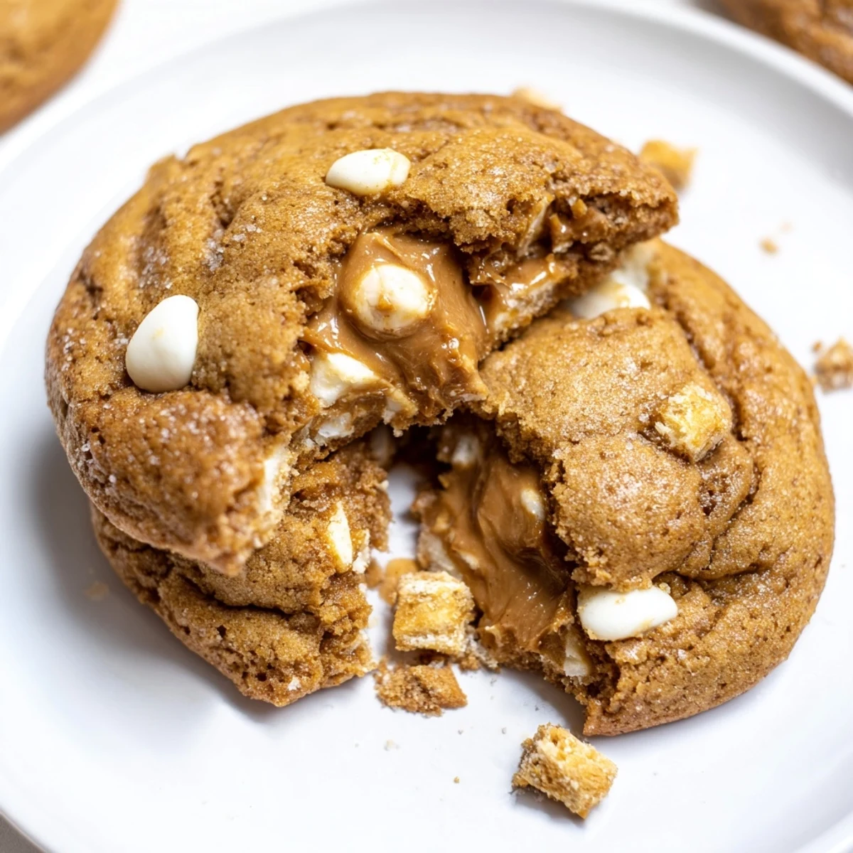 Warm Stuffed Biscoff Butter Lava Cookies broken open to reveal melty caramel-like filling inside