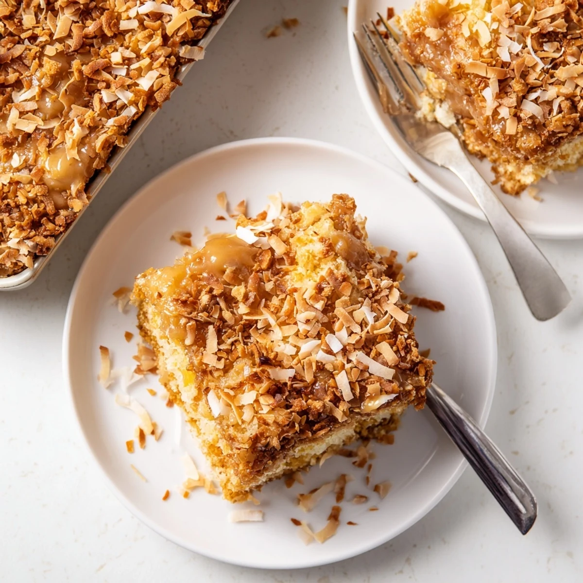 Golden Texas Tornado Cake topped with warm buttery sauce and toasted pecans