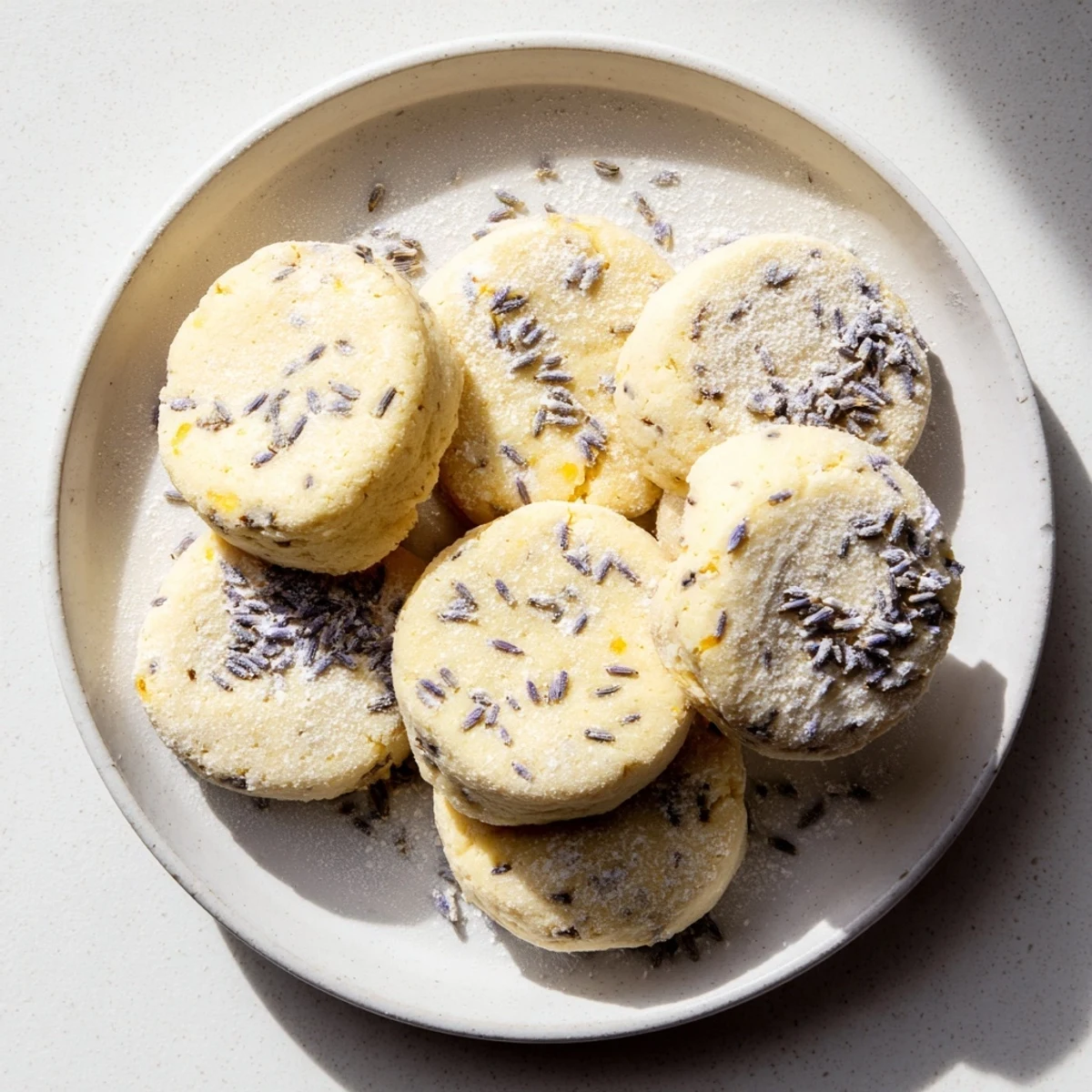 Golden lemon lavender cookies cooling on a wire rack with visible purple lavender buds