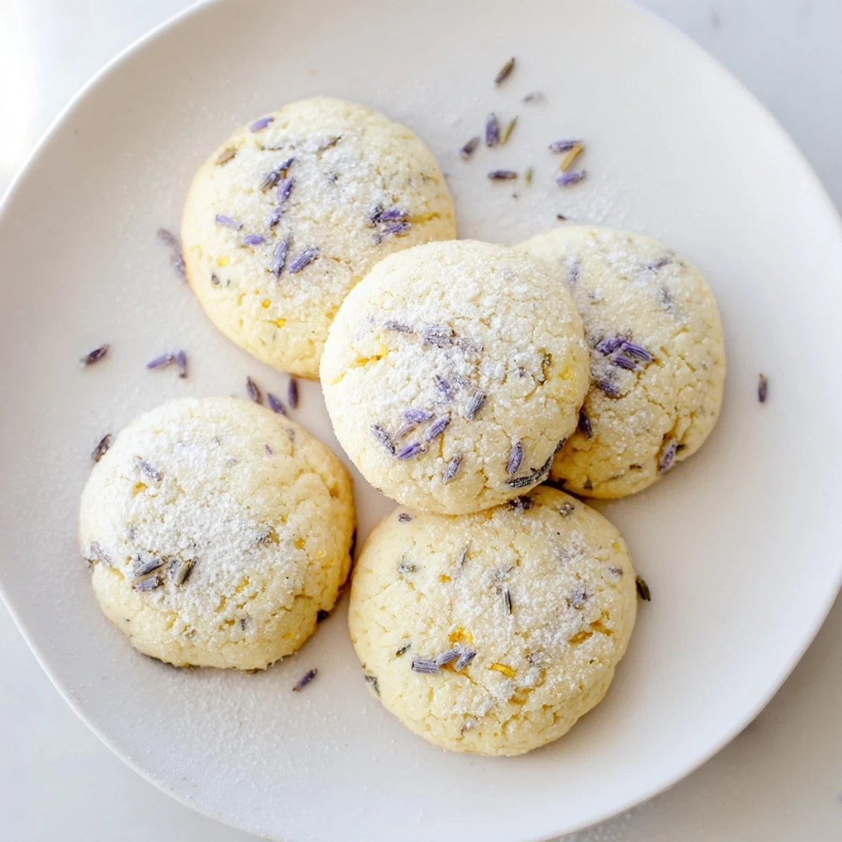 Stack of pale buttery lemon lavender cookies dusted with powdered sugar on wooden board