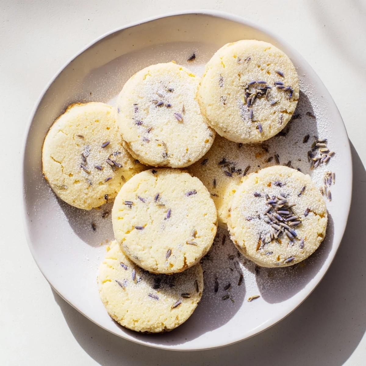 Close-up of crumbly lemon lavender cookie bite showing bright lemon zest and floral flecks