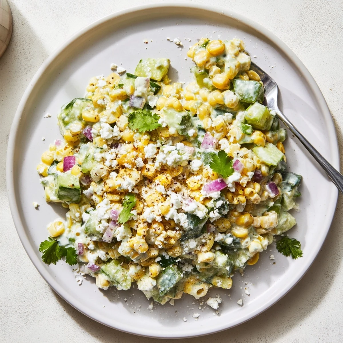 Golden street corn creamy cucumber salad featuring charred corn kernels, crisp cucumbers, and zesty lime dressing in a white bowl