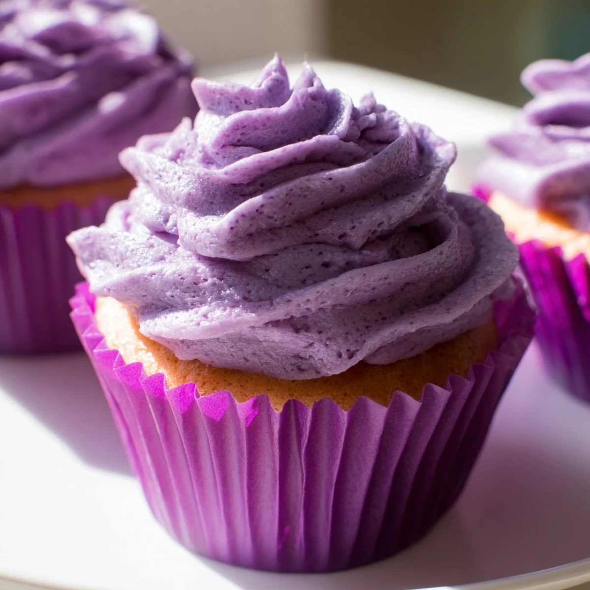 Light and airy Grape Soda cupcakes decorated with purple buttercream on a decorative serving stand