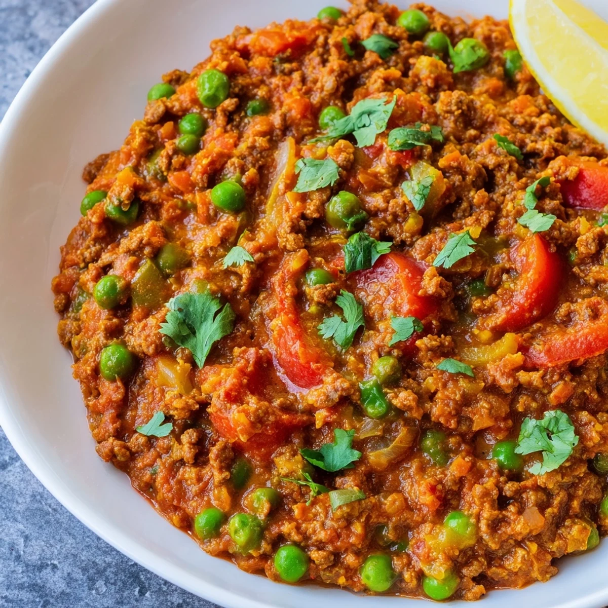 Golden brown Keema Curry bowl garnished with fresh cilantro and served alongside warm fluffy naan bread