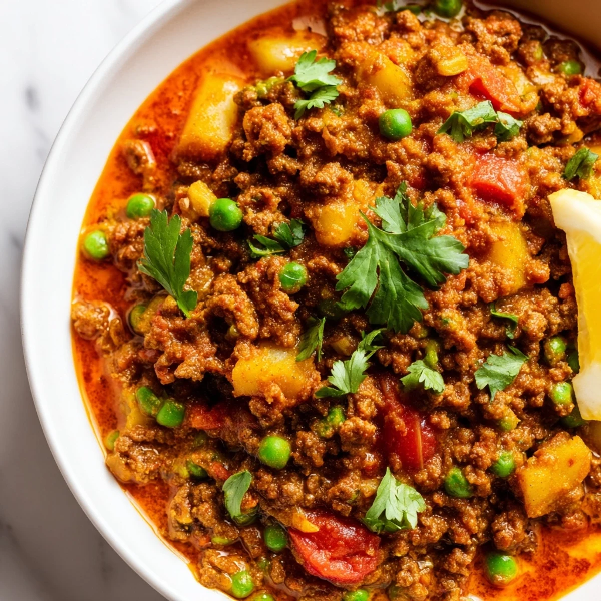 Savory Keema Curry featuring tender ground meat simmered with aromatic spices, tomatoes, and green peas