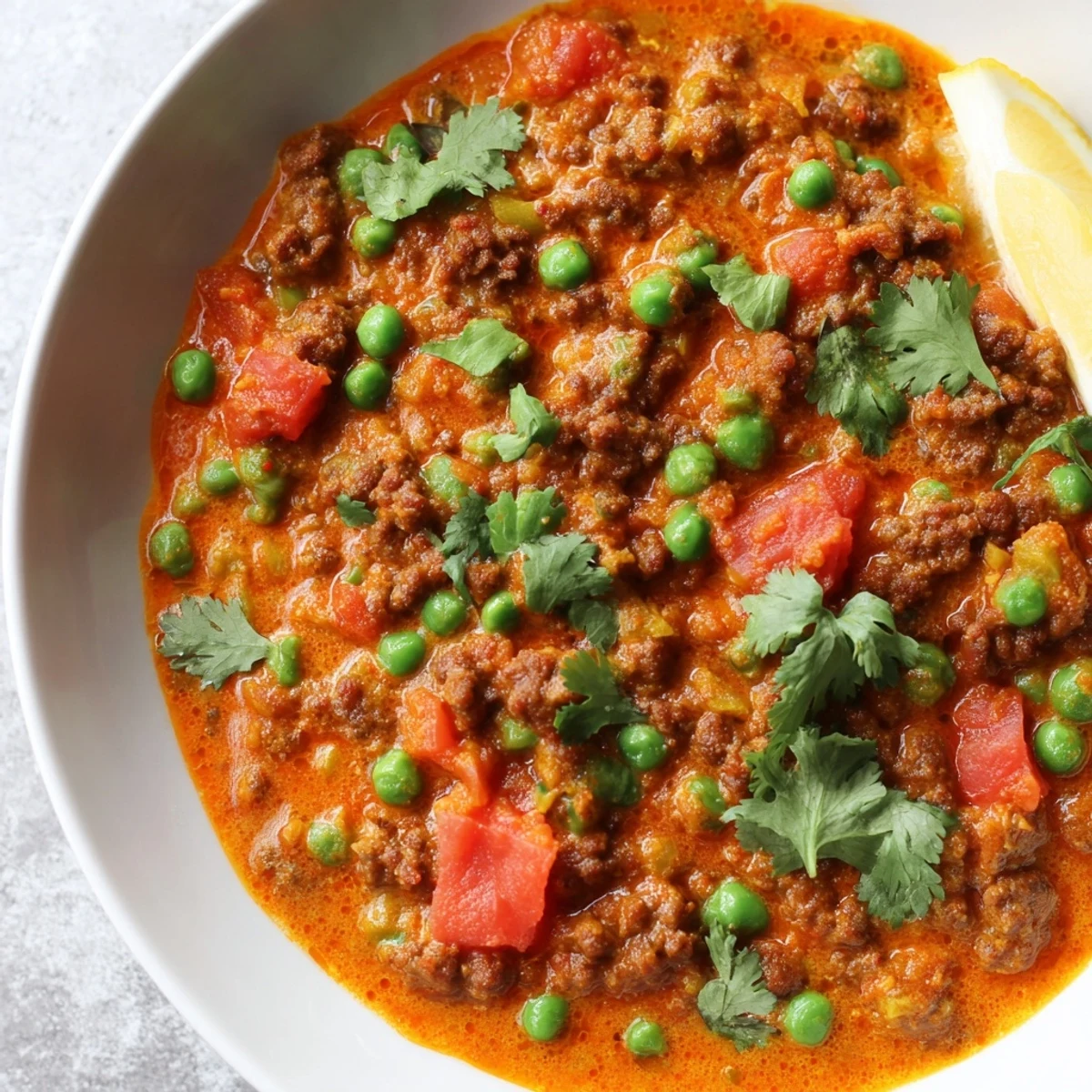Rich and spicy Keema Curry with ground lamb, colorful peas, and vibrant tomato-based sauce