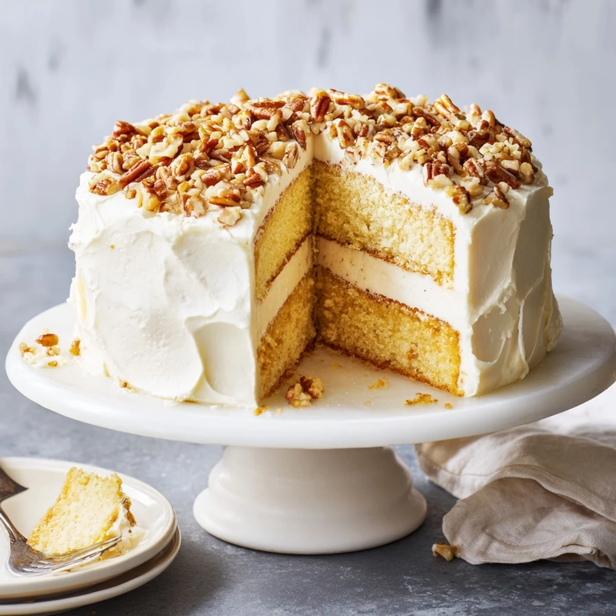 Golden butter pecan cake slice showing toasted pecans embedded in moist crumb topped with fluffy buttercream frosting