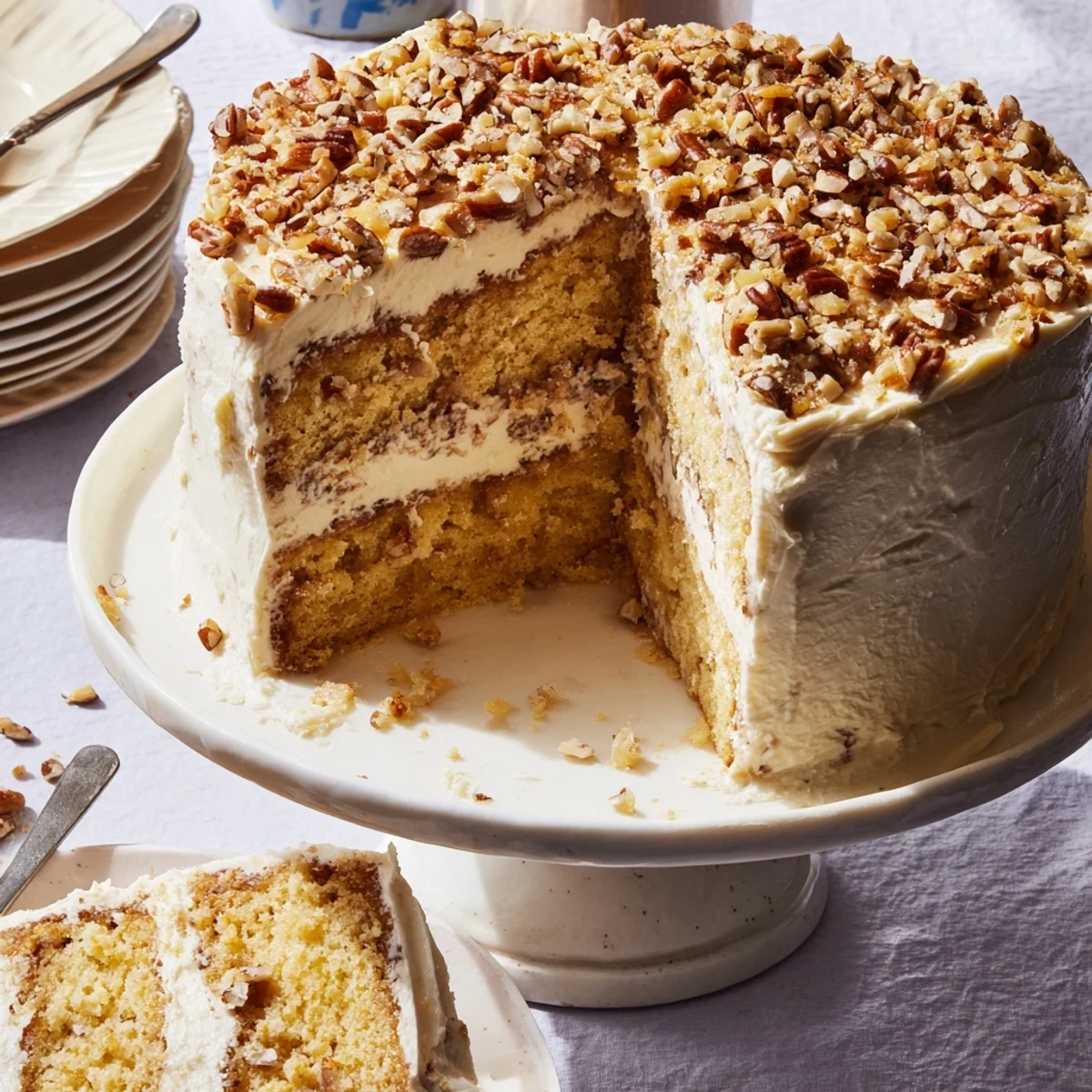 Decadent butter pecan cake with golden brown edges and white frosting garnished with crunchy pecan halves