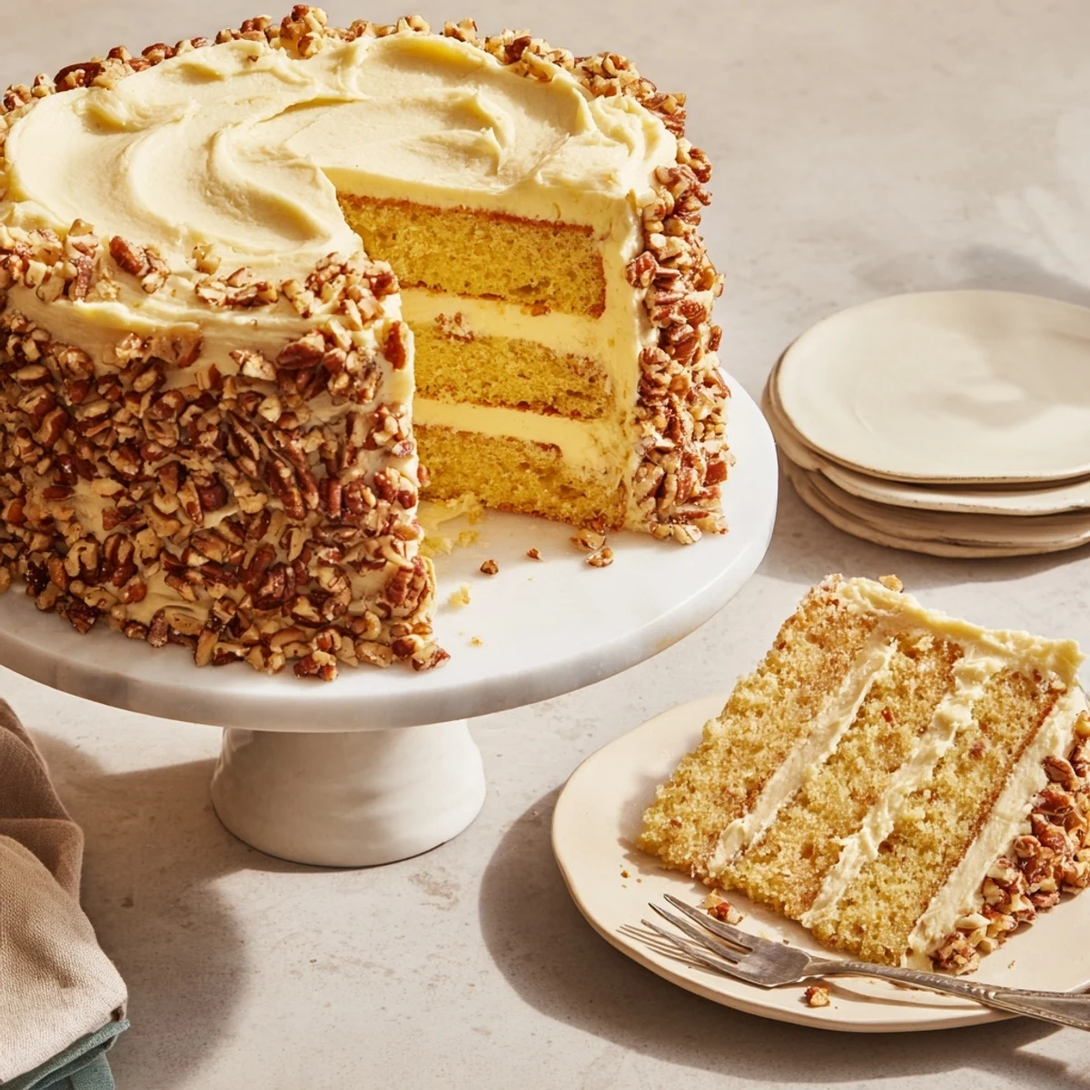 Three-layer butter pecan cake frosted with creamy vanilla buttercream and sprinkled with chopped toasted pecans