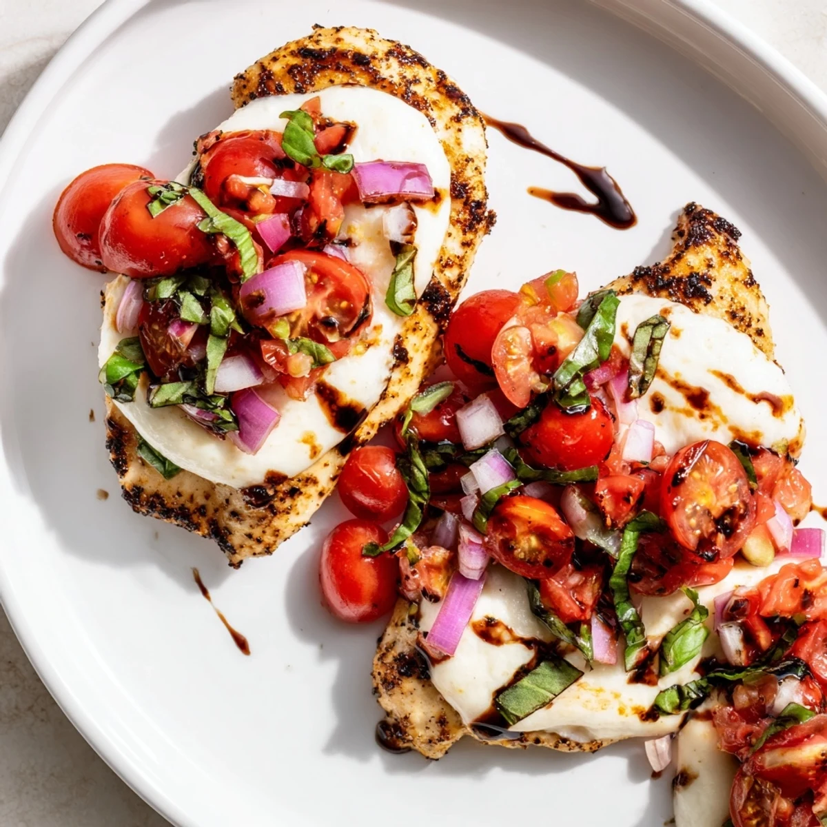 Mozzarella Bruschetta Chicken baking in oven with bubbling cheese and fresh tomato basil topping