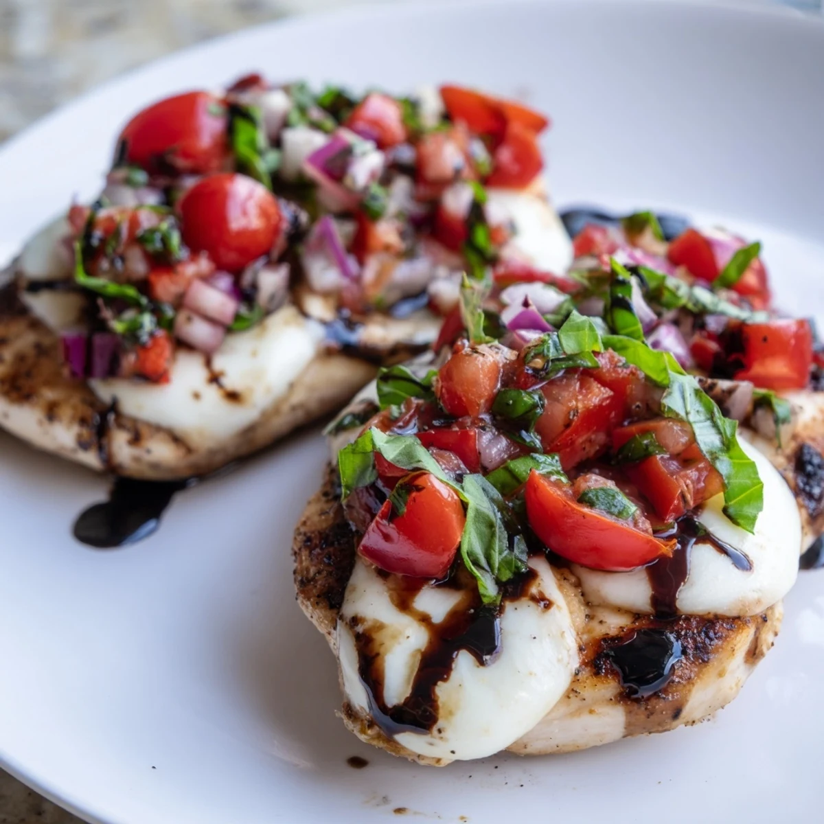 Plate of Mozzarella Bruschetta Chicken drizzled with balsamic glaze and garnished with green basil