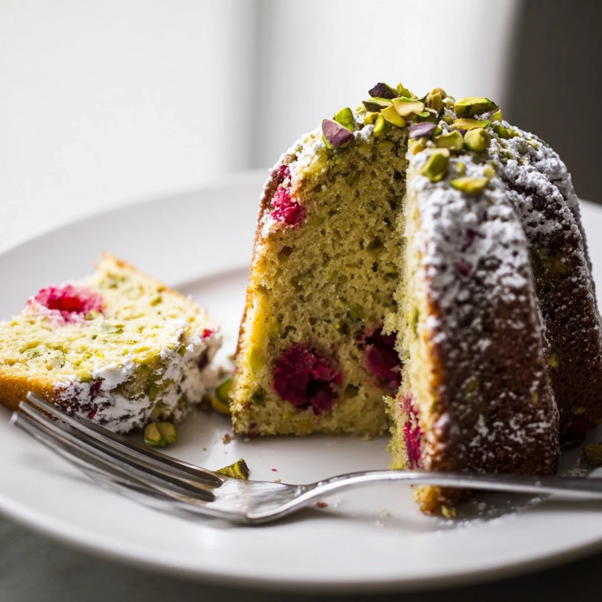 Moist pistachio raspberry cake with fresh red berries and powdered sugar dusting on top