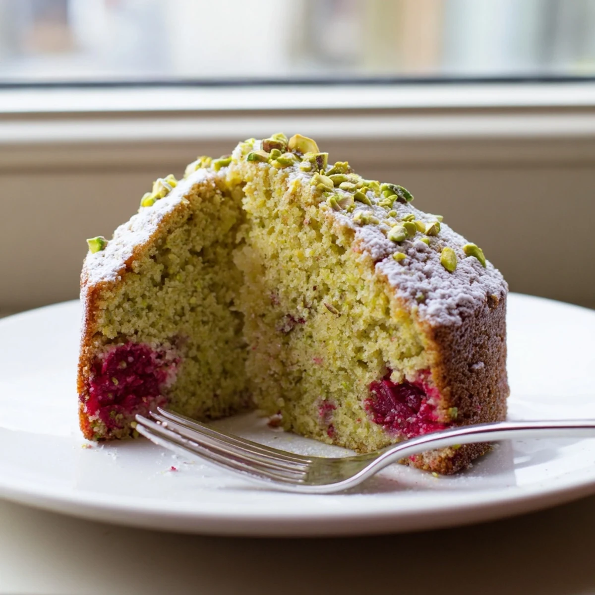 Green speckled pistachio raspberry cake slice revealing tender crumb with bursts of tart raspberries