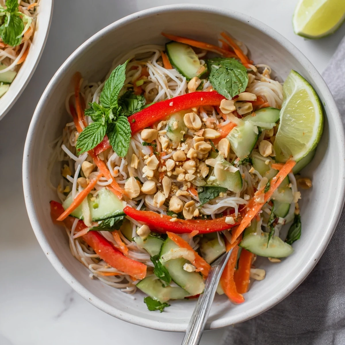 Colorful Vietnamese noodle salad bowl topped with crushed peanuts and fresh cilantro.