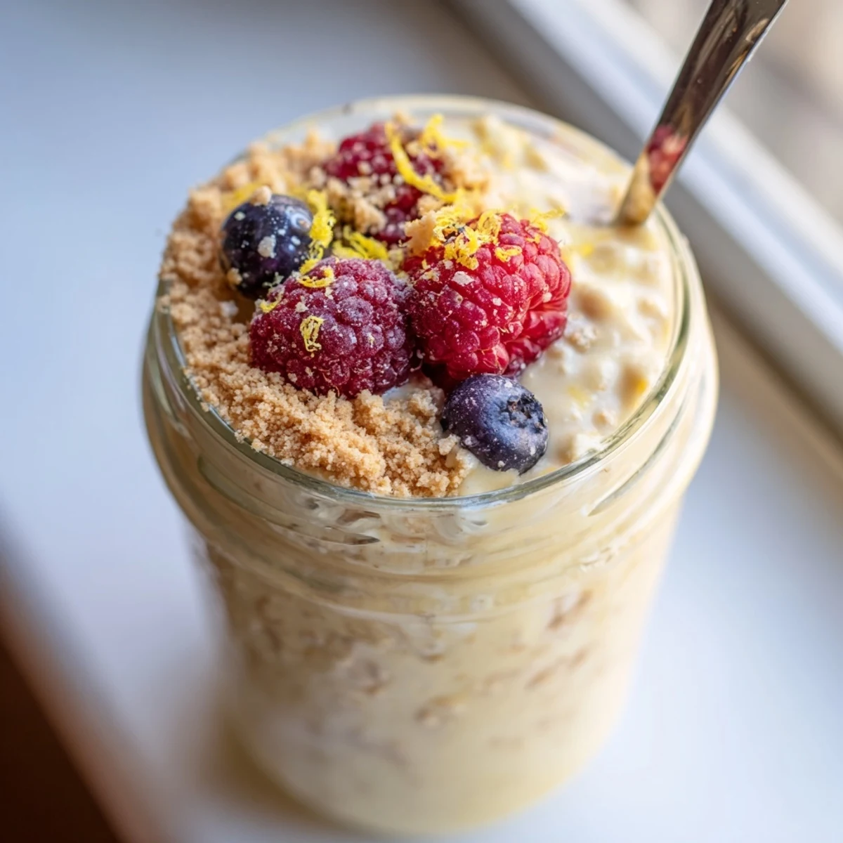 Golden overnight oats layered with tangy lemon cheesecake flavors, bright lemon zest, and colorful summer berries