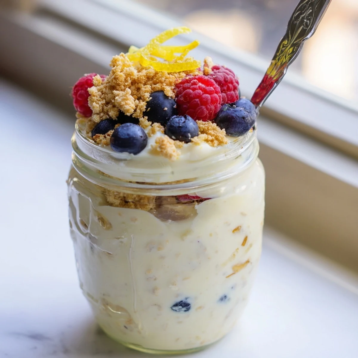 Creamy zesty lemon cheesecake overnight oats topped with fresh berries and graham cracker crunch in a glass jar
