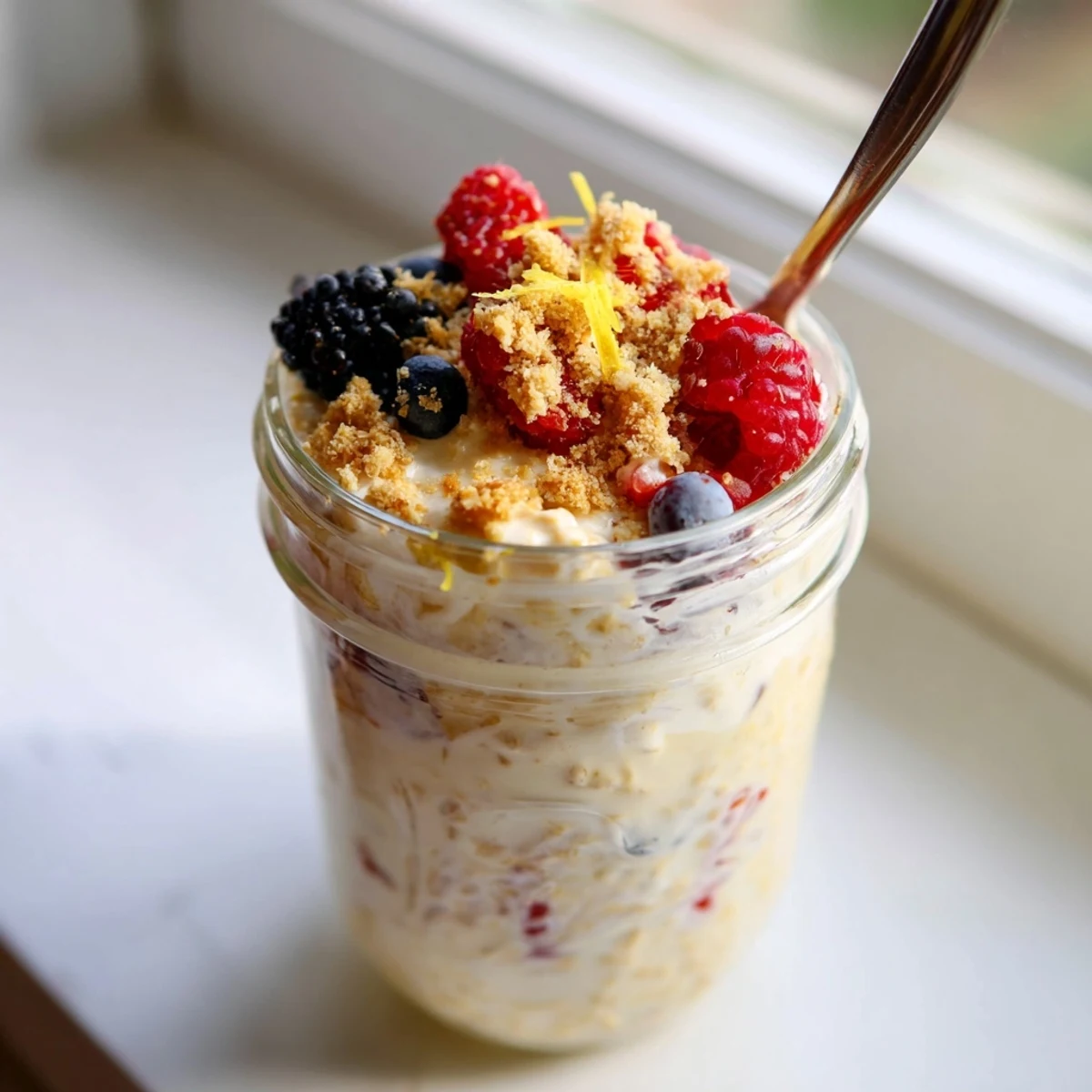 Mason jar filled with refreshing lemon cheesecake overnight oats, creamy yogurt base, and crushed graham cracker topping