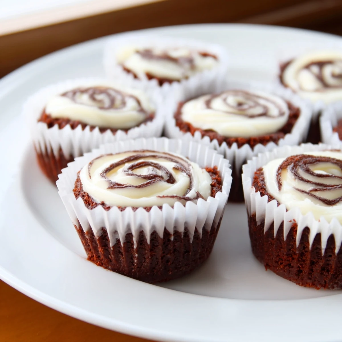 Decadent red velvet brownie bites with creamy swirl, freshly baked on wire rack