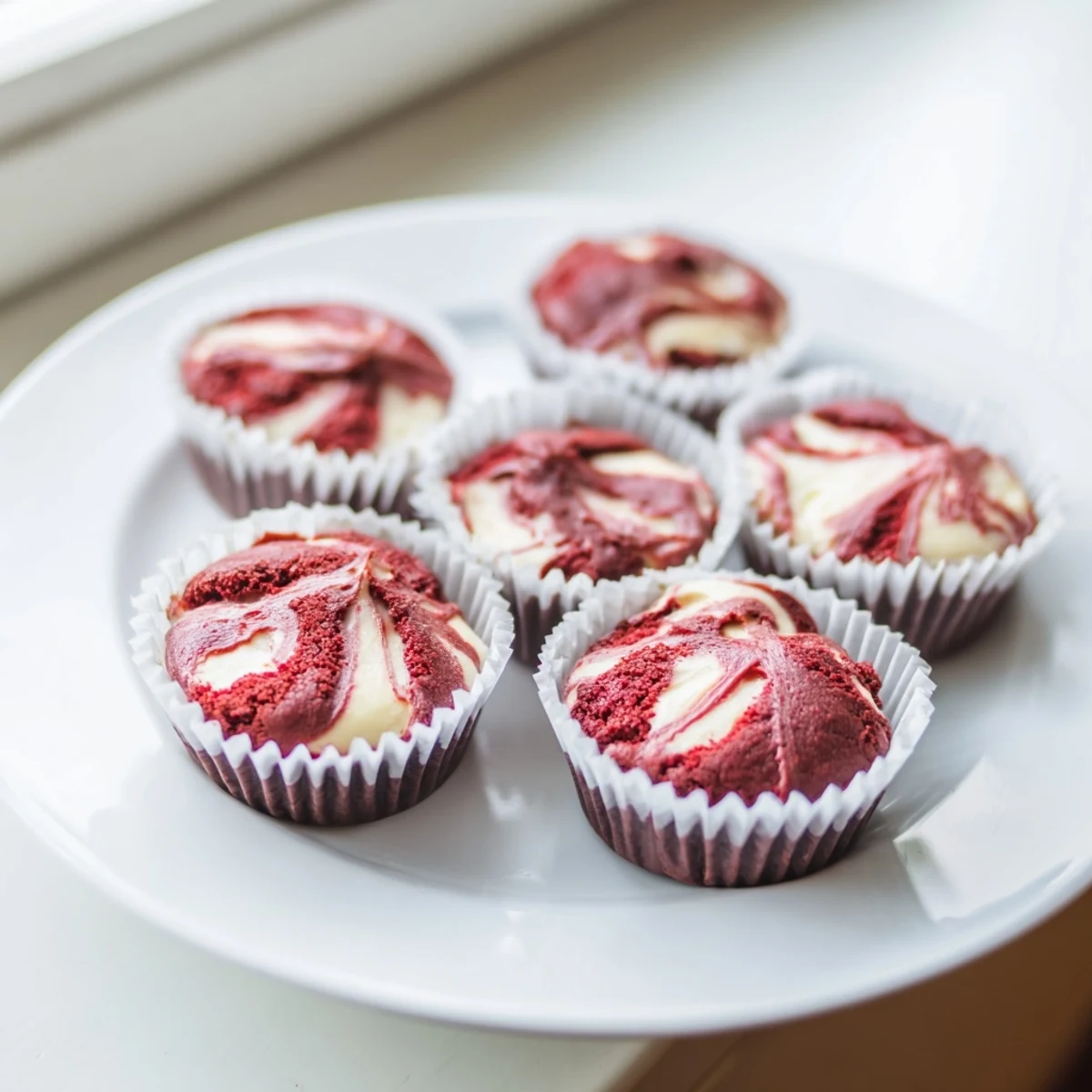 Rich red velvet brownie bites topped with luscious cream cheese marble for parties