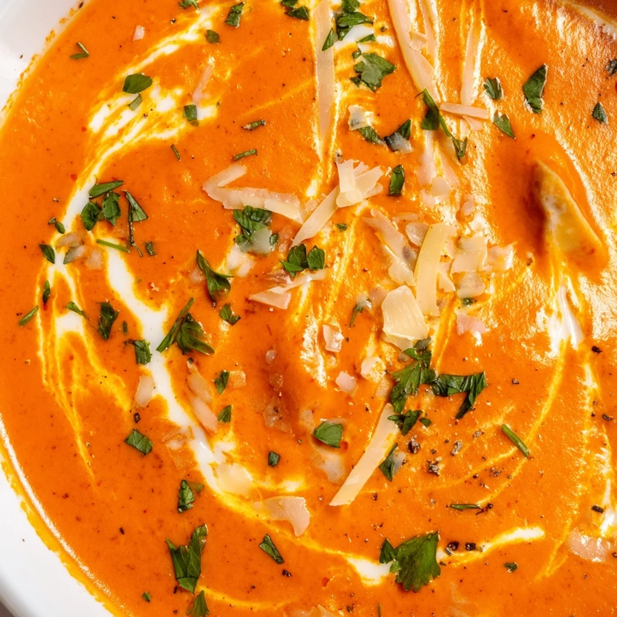 Velvety smooth red pepper soup topped with melted smoked Gouda and crusty bread
