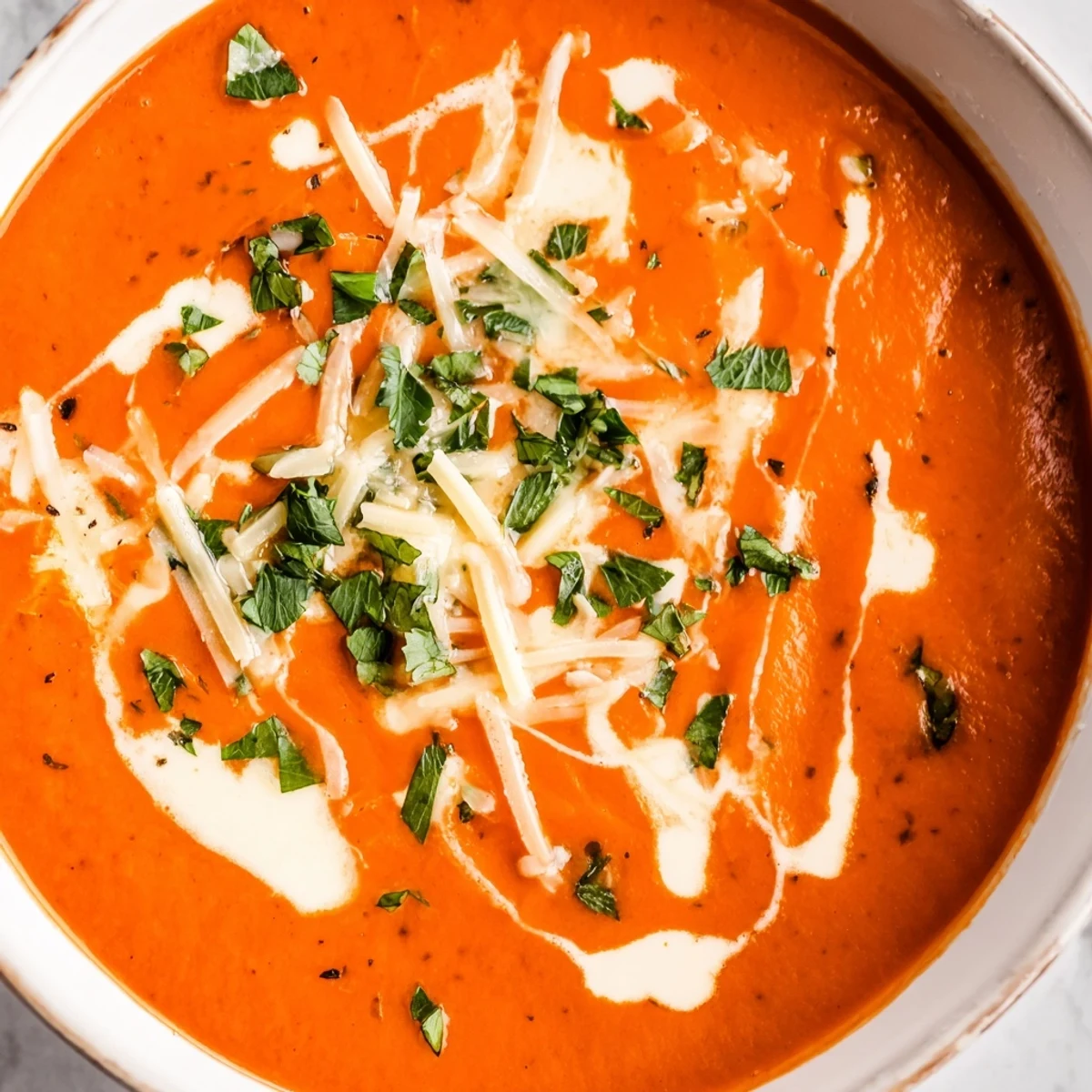 Creamy roasted red pepper Gouda soup garnished with fresh parsley in white bowl