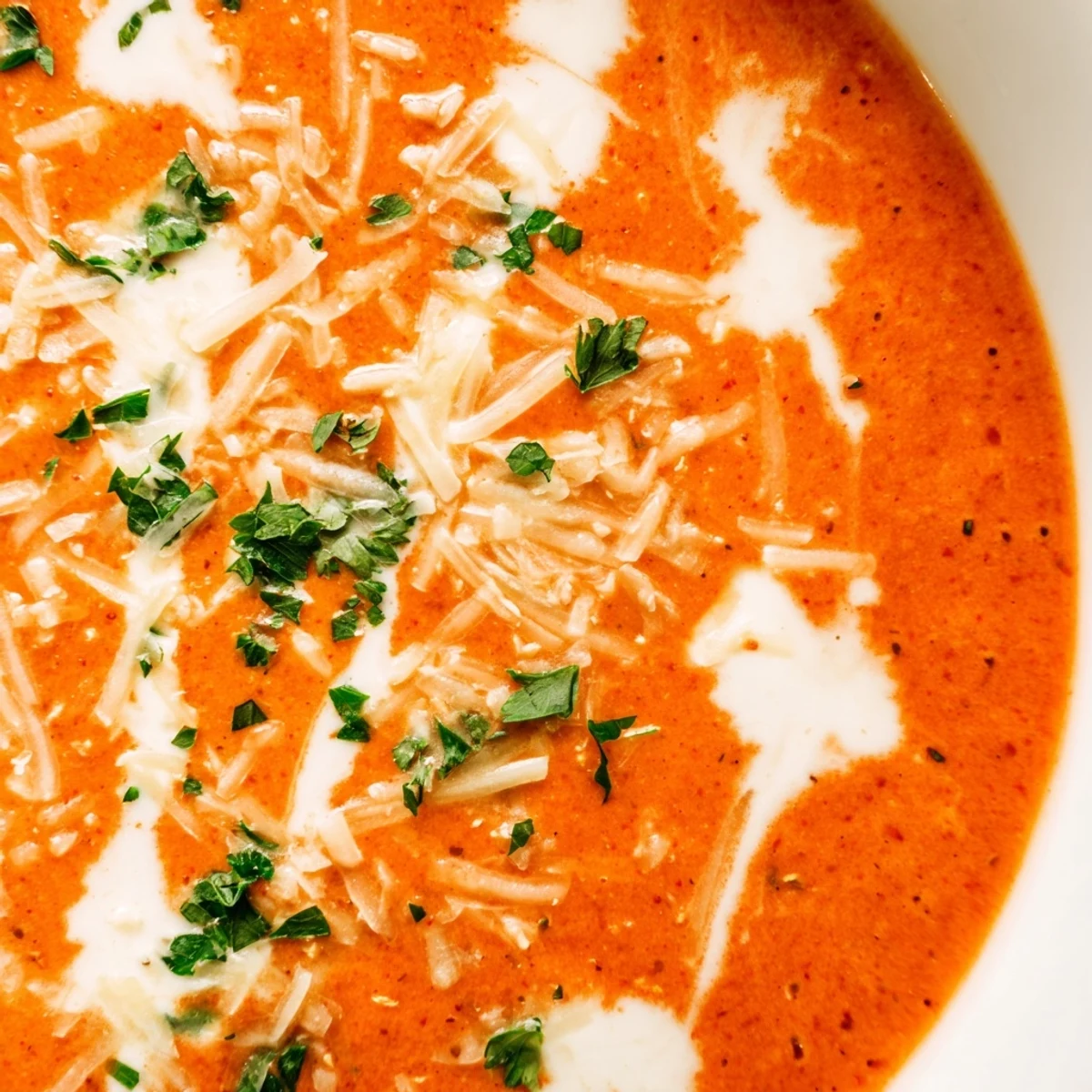 Steaming bowl of roasted red pepper and Gouda cheese soup with parsley sprinkle