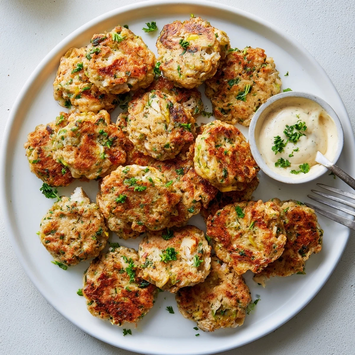 Crispy pan-fried chicken fritters oozing melted cheese served alongside homemade garlic aioli for dipping