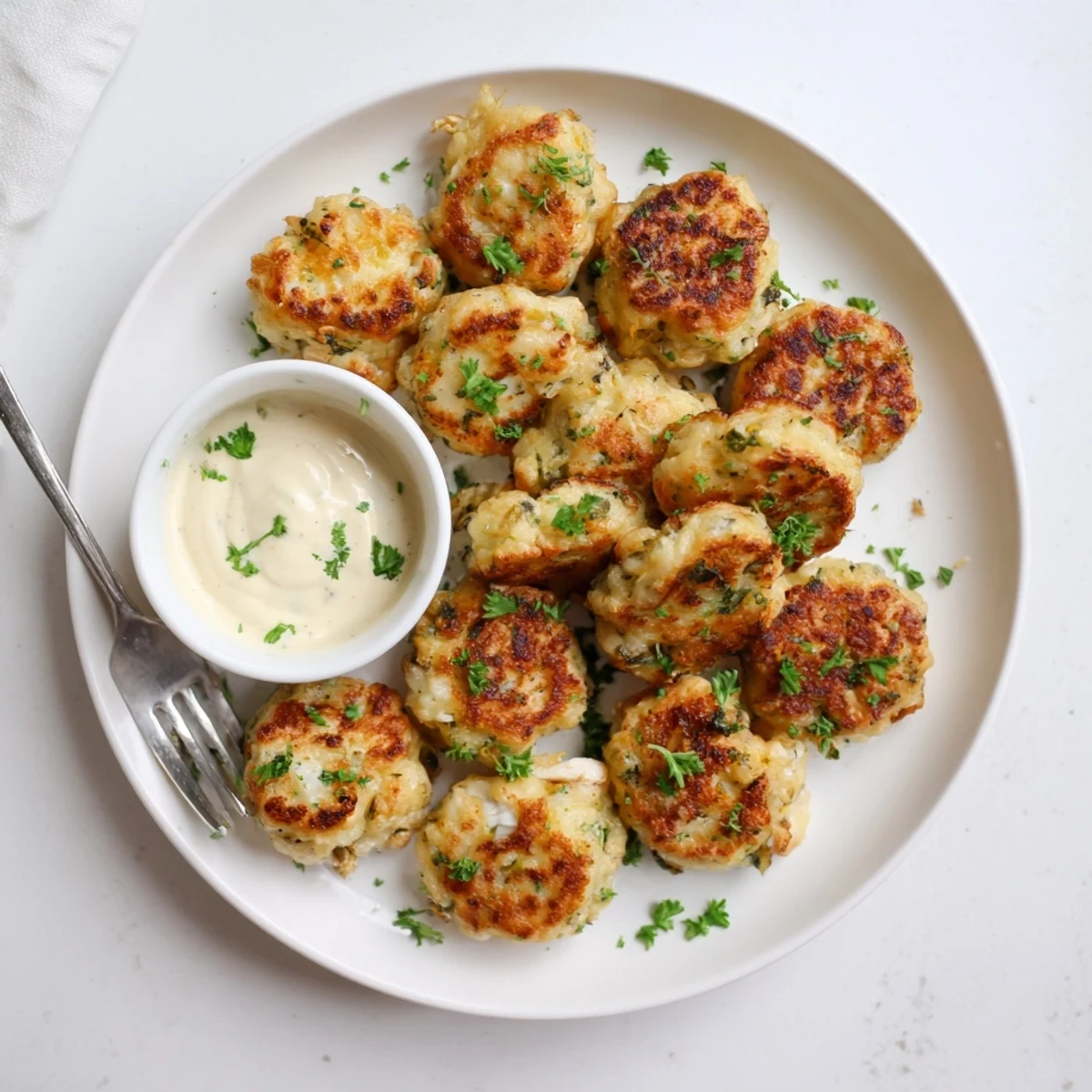 Golden brown cheesy chicken fritters stacked on a white plate with creamy garlic aioli dip in small ramekin