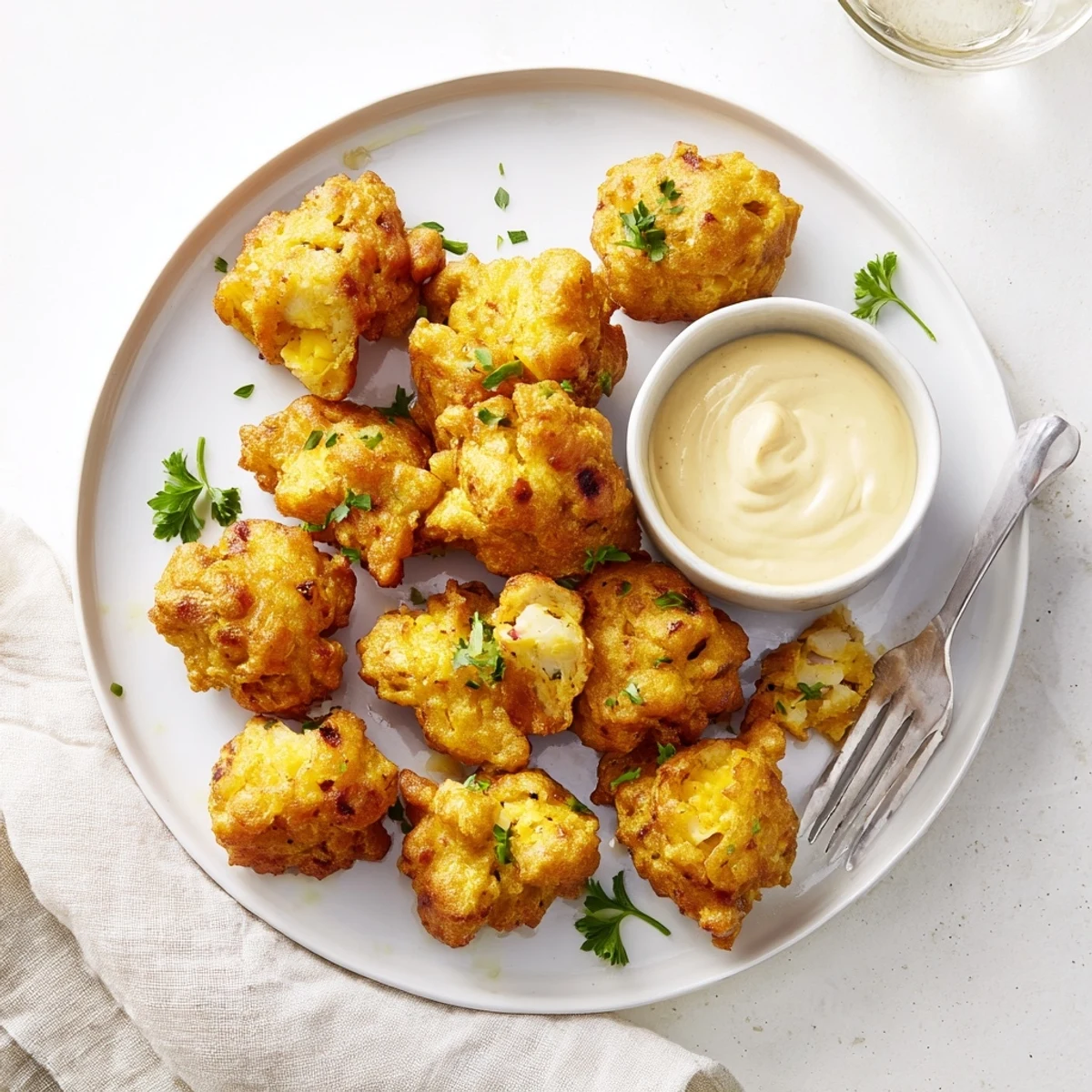 Perfectly golden chicken fritters with fresh parsley garnish and smooth garlic aioli dip on wooden board