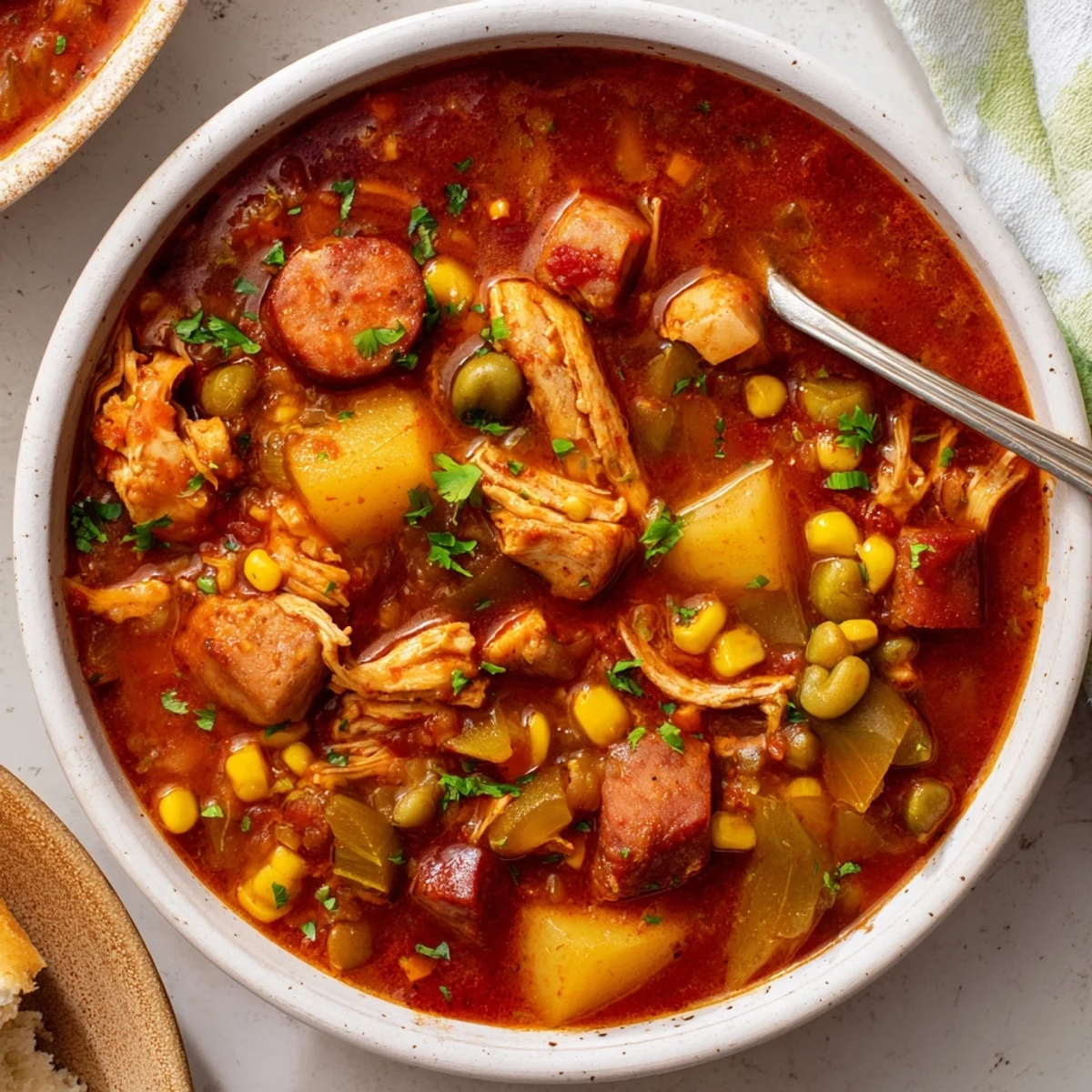 Steaming bowl of Brunswick Stew loaded with tender chicken, pork, and colorful vegetables in rich tomato broth