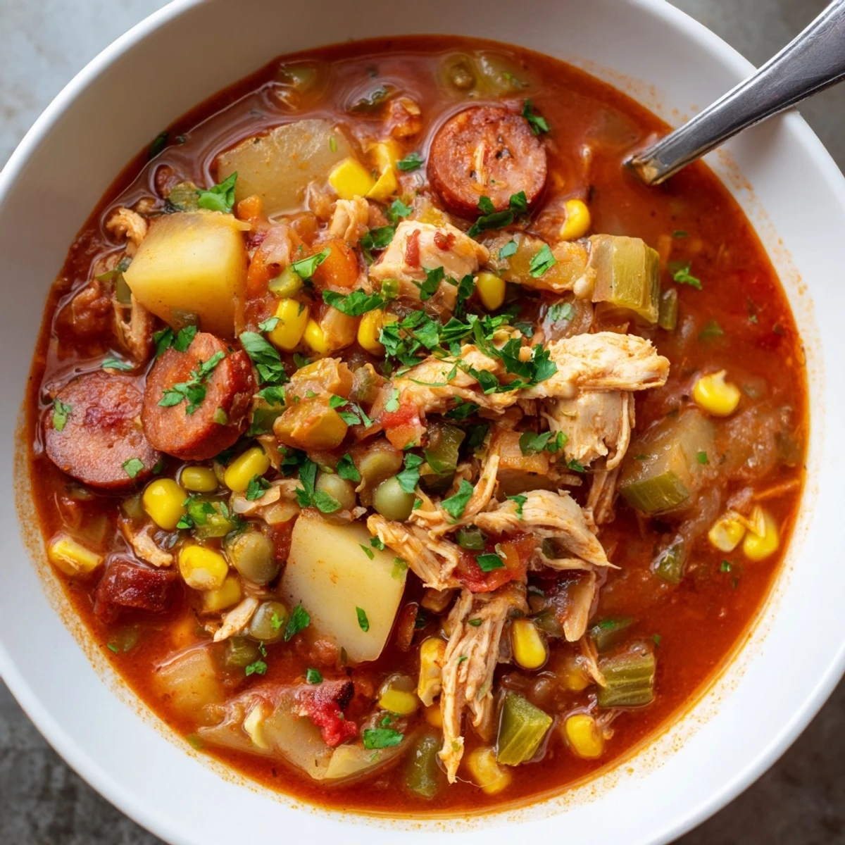 Spoon lifting savory Brunswick Stew with chunks of potatoes and meat from a rustic serving bowl