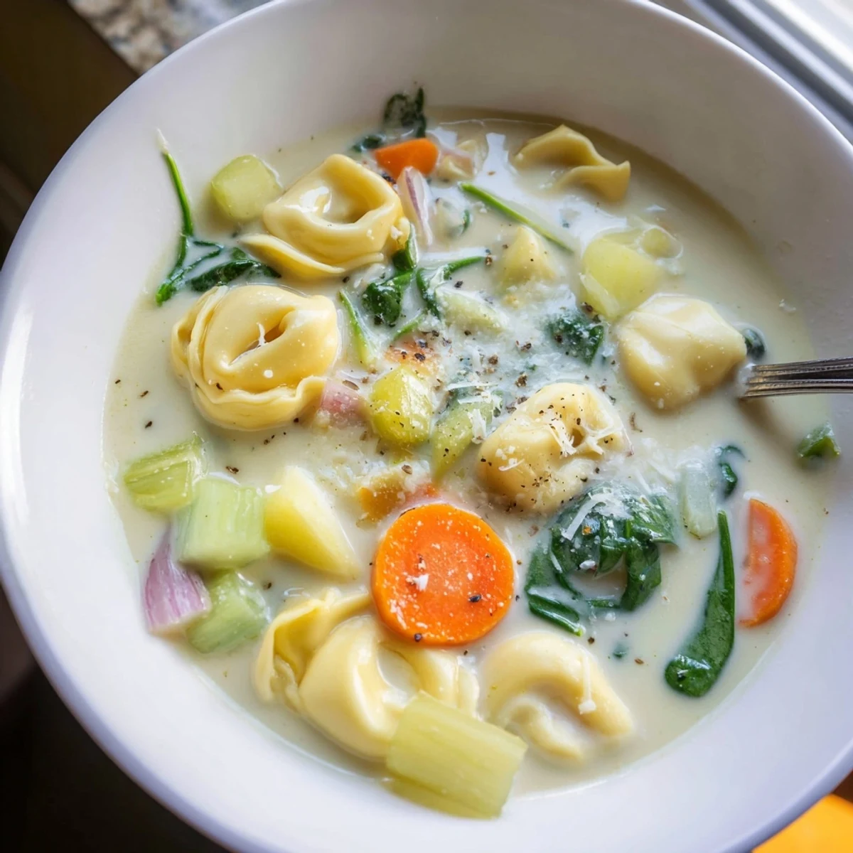 Creamy Instant Pot tortellini soup with tender vegetables and cheesy pasta in a rich broth