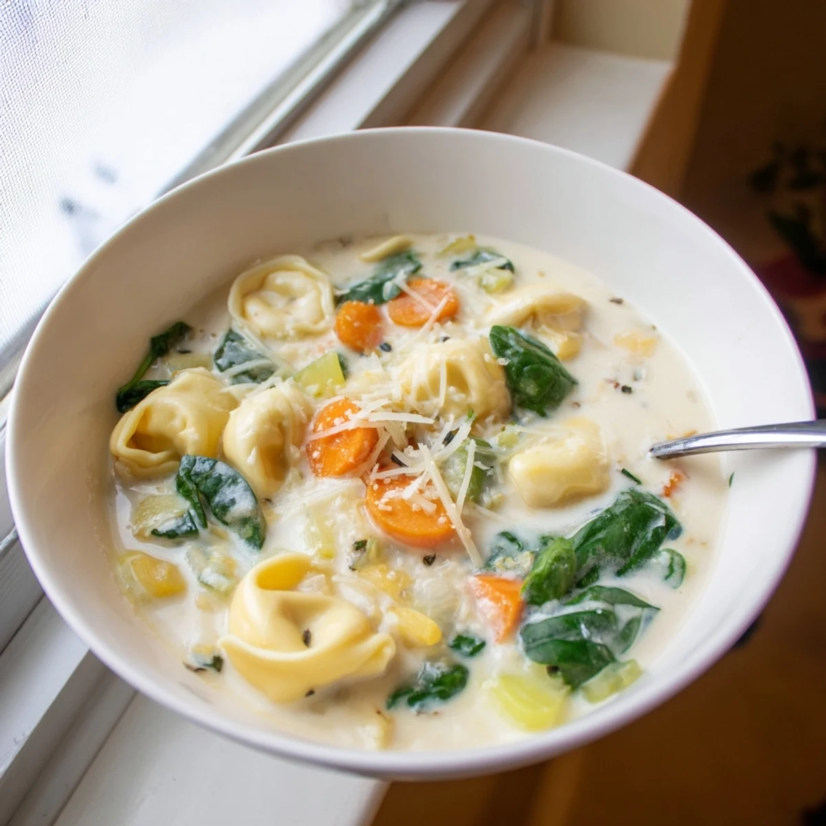 Golden cheese tortellini floating in a velvety white soup with spinach and Parmesan garnish